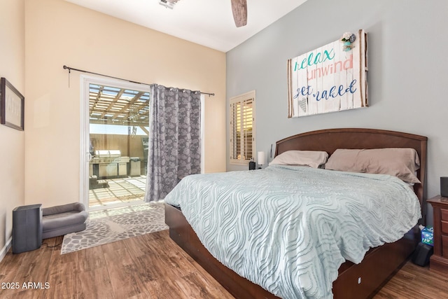 3823 E Kroll Dr, Gilbert, AZ 85234 - bedroom featuring wood finished floors, access to outside, baseboards, and ceiling fan