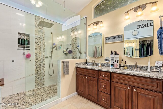 3823 E Kroll Dr, Gilbert, AZ 85234 - bathroom with a walk in shower, double vanity, and tile patterned flooring