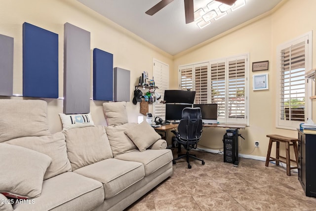 3823 E Kroll Dr, Gilbert, AZ 85234 - office area with a ceiling fan, vaulted ceiling, and baseboards