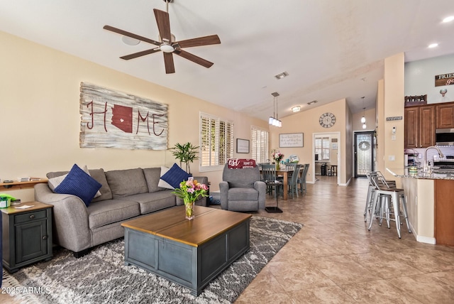 3823 E Kroll Dr, Gilbert, AZ 85234 - living room featuring a ceiling fan, vaulted ceiling, baseboards, and recessed lighting
