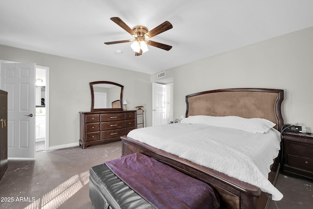 bedroom featuring concrete flooring, connected bathroom, and ceiling fan