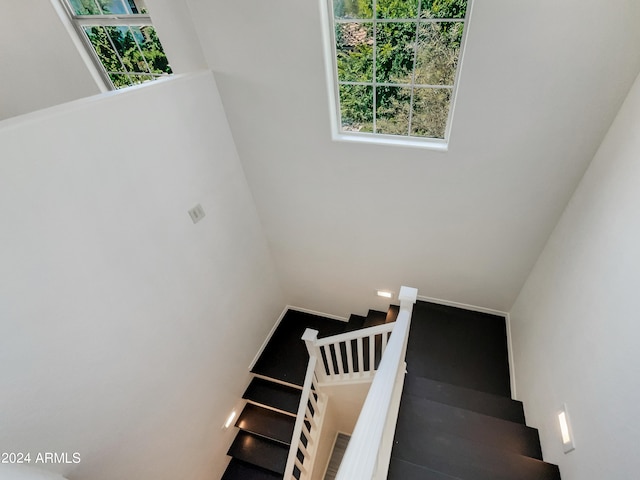 staircase featuring a towering ceiling and a healthy amount of sunlight