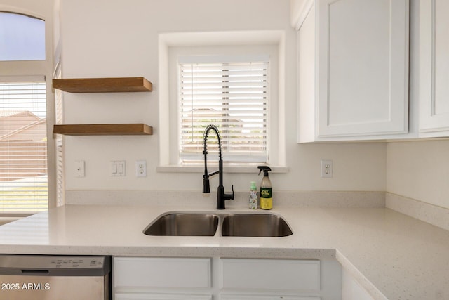 11531 E Persimmon Ave, Mesa, AZ 85212 - kitchen with a sink, stainless steel dishwasher, white cabinetry, and open shelves