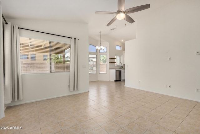11531 E Persimmon Ave, Mesa, AZ 85212 - unfurnished living room featuring light tile patterned flooring, ceiling fan, a chandelier, lofted ceiling, and a sink