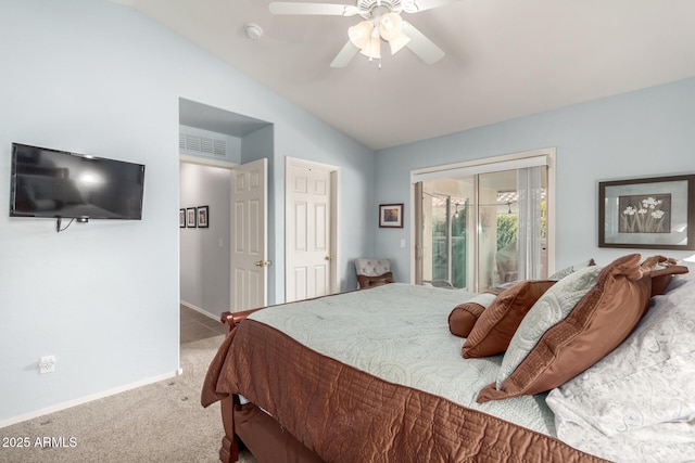 bedroom with access to exterior, vaulted ceiling, ceiling fan, and carpet flooring