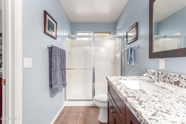 bathroom featuring tile patterned flooring, vanity, toilet, and walk in shower