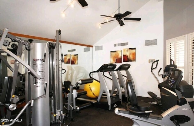 workout area featuring ceiling fan, lofted ceiling, and rail lighting