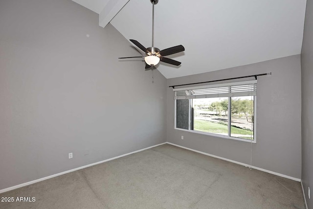 spare room with ceiling fan, light colored carpet, beam ceiling, and high vaulted ceiling