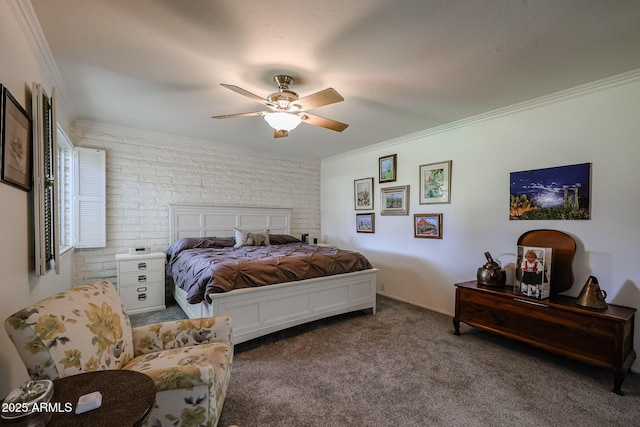 bedroom featuring ceiling fan, brick wall, crown molding, and dark carpet