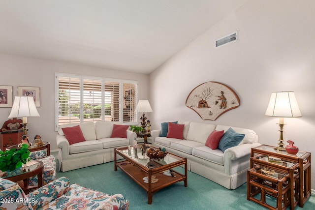 living room with dark carpet and vaulted ceiling