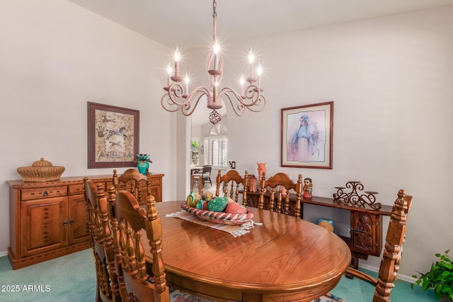 dining space with light colored carpet and a notable chandelier