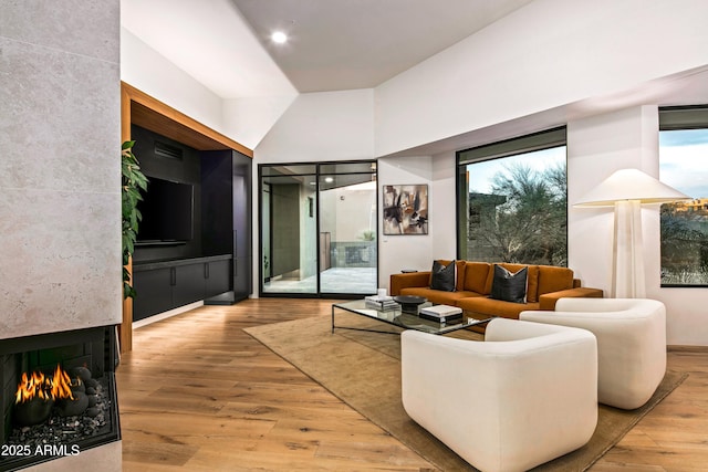 living room with a large fireplace and wood-type flooring