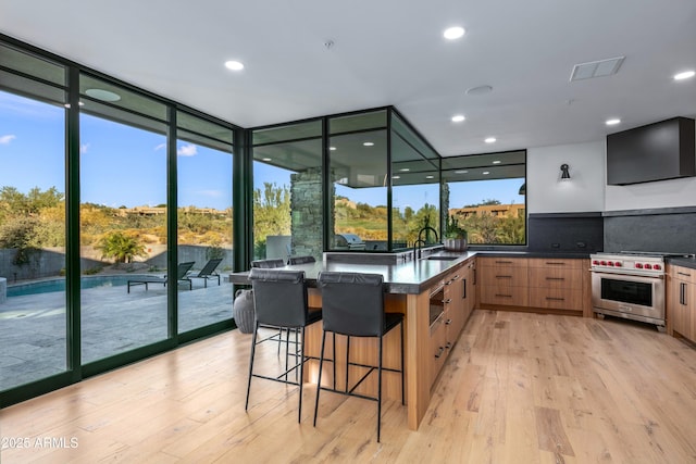 kitchen with light wood-style floors, luxury range, dark countertops, and modern cabinets