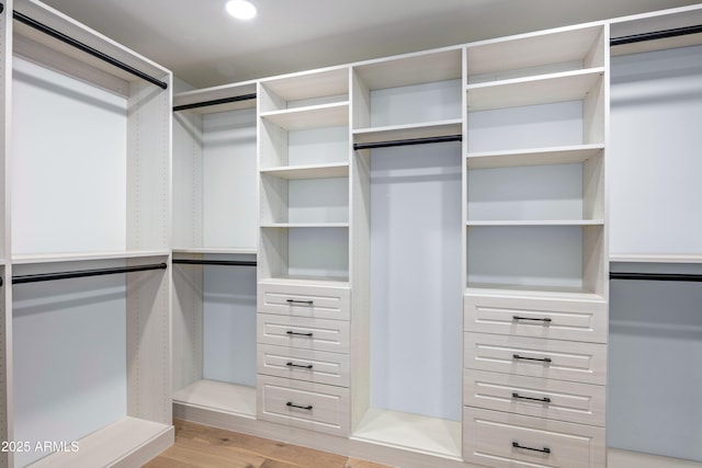 walk in closet with light wood-type flooring