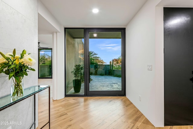 entryway with a wealth of natural light, expansive windows, and wood finished floors