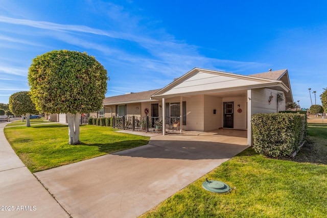 ranch-style house with a front yard and a carport