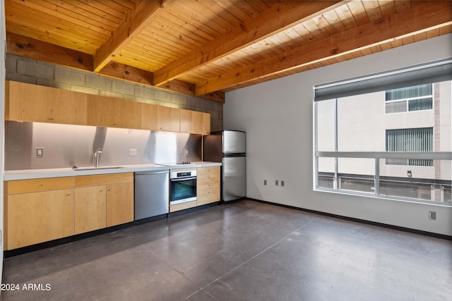 kitchen featuring sink, beam ceiling, stainless steel appliances, wooden ceiling, and light brown cabinets