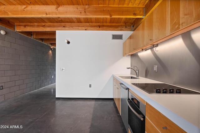 kitchen featuring sink, wood ceiling, black electric stovetop, oven, and beamed ceiling