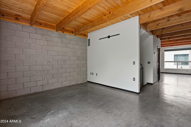 unfurnished room featuring wooden ceiling and beamed ceiling