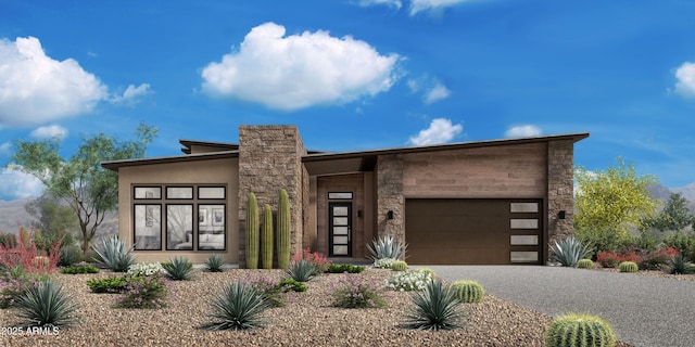 contemporary house featuring a garage, stone siding, driveway, and stucco siding