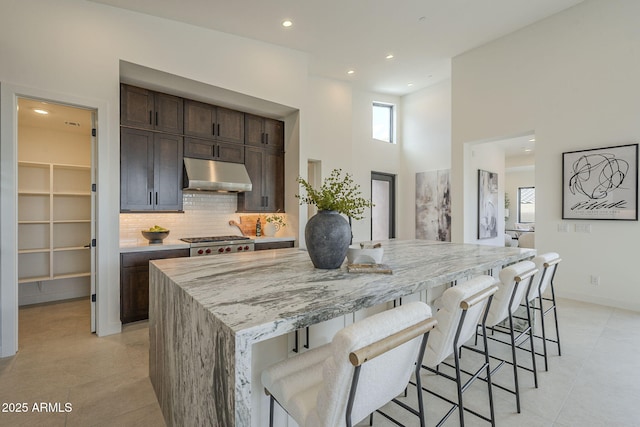 kitchen with stainless steel gas stovetop, a healthy amount of sunlight, under cabinet range hood, and a large island