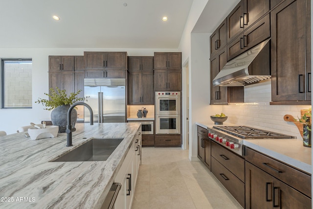 kitchen with dark brown cabinetry, under cabinet range hood, stainless steel appliances, and a sink