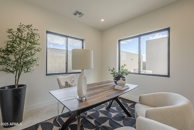 office area with recessed lighting, visible vents, and baseboards