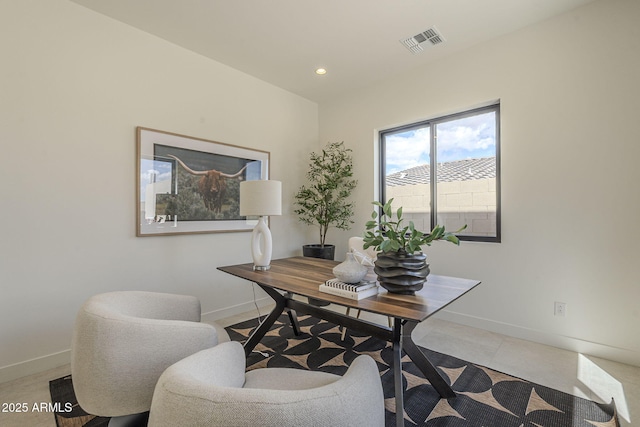 tiled home office featuring visible vents, baseboards, and recessed lighting