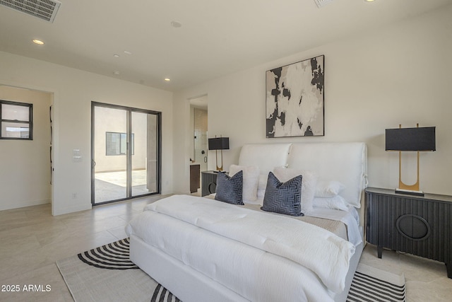 bedroom with recessed lighting, visible vents, access to outside, and multiple windows