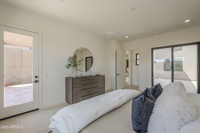 bedroom featuring recessed lighting, visible vents, and baseboards