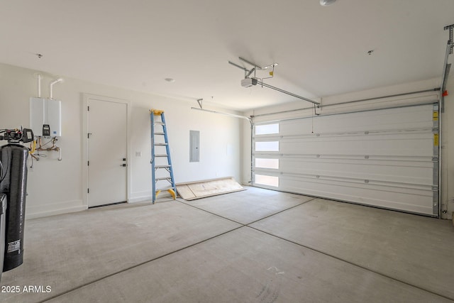 garage with a garage door opener, tankless water heater, and electric panel