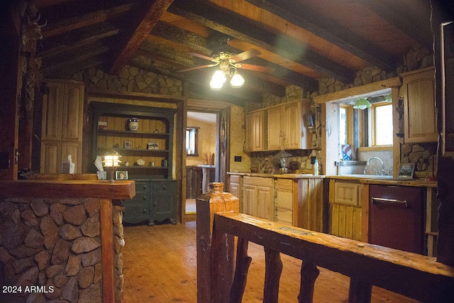 kitchen featuring ceiling fan, light brown cabinetry, light wood-type flooring, lofted ceiling with beams, and sink