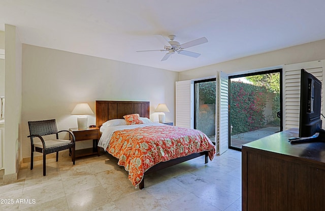 bedroom featuring ceiling fan and access to exterior