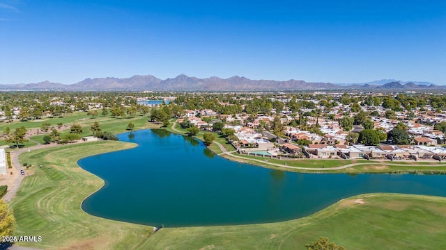 bird's eye view with golf course view, a residential view, and a water and mountain view