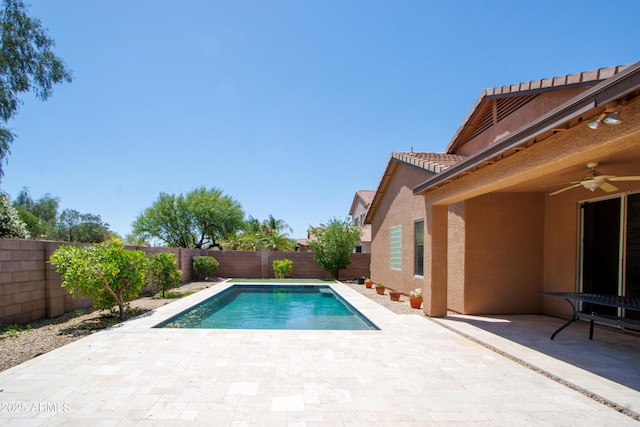 view of swimming pool featuring a patio, a fenced backyard, and ceiling fan