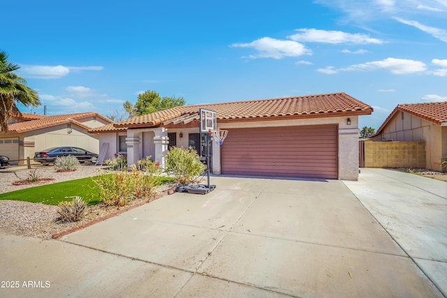 2009 W Calle Del Norte Dr, Chandler, AZ 85224 - mediterranean / spanish house with driveway, an attached garage, a tiled roof, and stucco siding