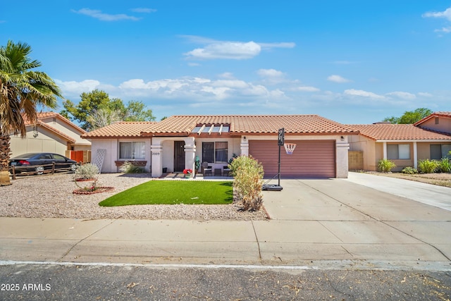 2009 W Calle Del Norte Dr, Chandler, AZ 85224 - mediterranean / spanish-style home featuring stucco siding, a tiled roof, driveway, a garage, and a front yard