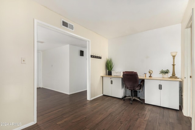 home office with visible vents, dark wood finished floors, and baseboards