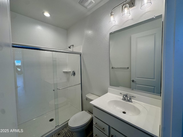 full bath with visible vents, a shower stall, toilet, and vanity