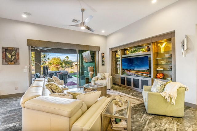 living room featuring ceiling fan