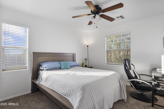 carpeted bedroom featuring ceiling fan