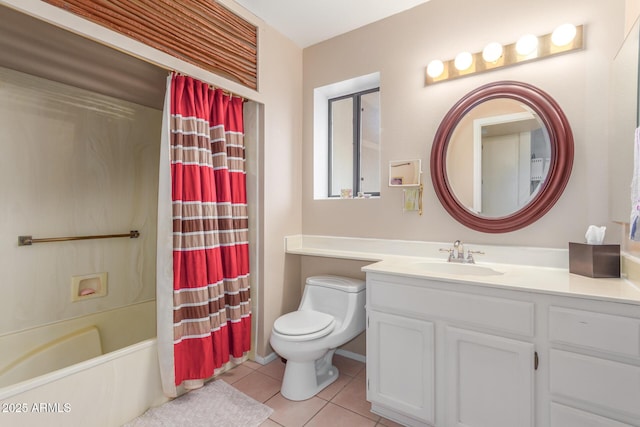 full bath with shower / bath combination with curtain, vanity, toilet, and tile patterned floors