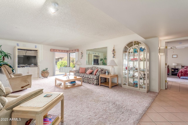 carpeted living area with tile patterned flooring and a textured ceiling