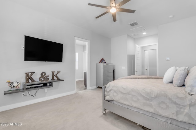 bedroom with ceiling fan, carpet floors, baseboards, visible vents, and recessed lighting