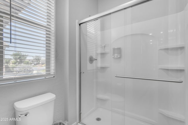 bathroom with a shower stall and toilet