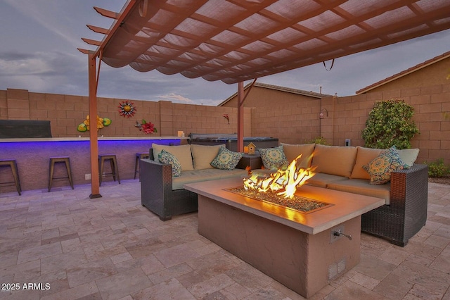 view of patio / terrace featuring a fenced backyard, a pergola, an outdoor living space with a fire pit, and a fenced in pool