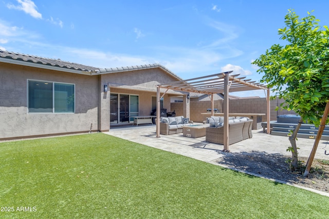 back of house featuring a fenced backyard, a pergola, outdoor lounge area, a yard, and stucco siding