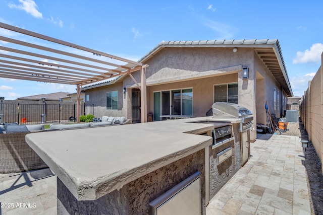 rear view of house with area for grilling, a pergola, a fenced backyard, stucco siding, and a patio area