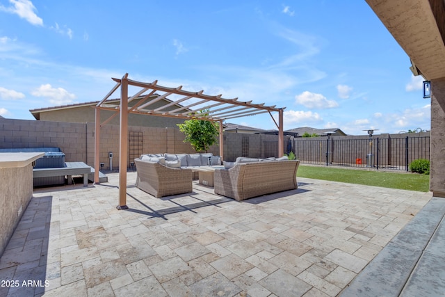 view of patio / terrace featuring a fenced backyard, a pergola, and an outdoor living space