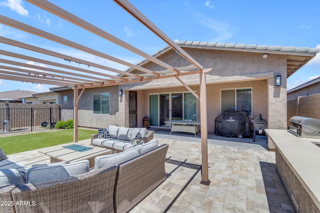 view of patio featuring a fenced backyard, a pergola, an outdoor living space, and area for grilling